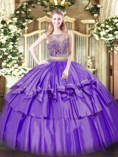 Modern Lavender Scoop Neckline Beading and Ruffled Layers 15th Birthday Dress Sleeveless Lace Up