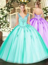 Glamorous Beading Quinceanera Gowns Turquoise Lace Up Sleeveless Floor Length