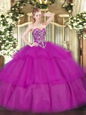 Fantastic Fuchsia Ball Gowns Tulle Sweetheart Sleeveless Beading and Ruffled Layers Floor Length Lace Up Quince Ball Gowns