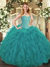 Noble Beading and Ruffles Sweet 16 Dresses Turquoise Lace Up Sleeveless Floor Length