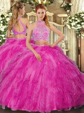 Two Pieces 15th Birthday Dress Hot Pink Halter Top Tulle Sleeveless Floor Length Criss Cross