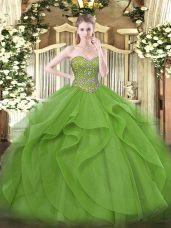 Olive Green Sweet 16 Dress Military Ball and Sweet 16 and Quinceanera with Beading and Ruffles Sweetheart Sleeveless Lace Up