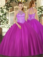 Graceful Fuchsia Halter Top Neckline Beading Ball Gown Prom Dress Sleeveless Lace Up