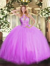 Lilac Sleeveless Floor Length Beading Lace Up Sweet 16 Dress
