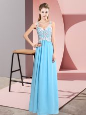 Sleeveless Chiffon Floor Length Zipper Prom Party Dress in Baby Blue with Lace