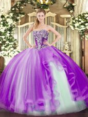 Beauteous Lavender Strapless Lace Up Beading and Ruffles 15th Birthday Dress Sleeveless