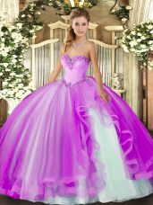 Sleeveless Floor Length Beading and Ruffles Lace Up Quinceanera Gown with Lilac