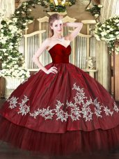 Traditional Wine Red Organza and Taffeta Zipper Quince Ball Gowns Sleeveless Floor Length Embroidery