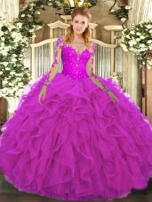 Fashionable Fuchsia Lace Up Scoop Lace and Ruffles Quinceanera Dresses Tulle Long Sleeves