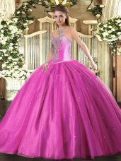 Attractive Tulle Sweetheart Sleeveless Lace Up Beading Quinceanera Dresses in Fuchsia