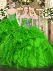 Green Organza Lace Up Sweetheart Sleeveless Floor Length Quinceanera Gown Beading and Ruffles