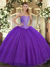 Purple Lace Up Sweetheart Beading 15th Birthday Dress Tulle Sleeveless