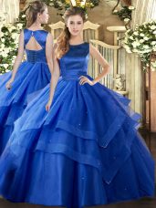 Decent Blue Lace Up Scoop Ruffled Layers Quinceanera Gown Tulle Sleeveless