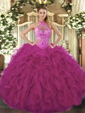 Floor Length Lace Up Vestidos de Quinceanera Fuchsia for Sweet 16 and Quinceanera with Beading and Embroidery and Ruffles