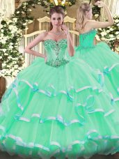 Pretty Apple Green Ball Gowns Organza Sweetheart Sleeveless Beading and Ruffles Floor Length Lace Up Sweet 16 Dress
