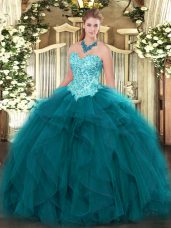 Chic Sweetheart Sleeveless Quinceanera Dresses Floor Length Appliques and Ruffles Teal Organza