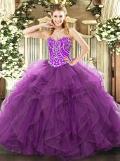 Purple Ball Gowns Sweetheart Sleeveless Tulle Floor Length Lace Up Beading and Ruffles Vestidos de Quinceanera
