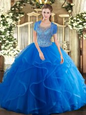 Fine Royal Blue Sleeveless Tulle Clasp Handle Vestidos de Quinceanera for Military Ball and Sweet 16 and Quinceanera