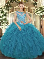 Excellent Floor Length Ball Gowns Cap Sleeves Teal Ball Gown Prom Dress Lace Up