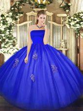 Blue Zipper Strapless Appliques Quince Ball Gowns Tulle Sleeveless