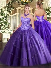 Modern Purple Lace Up Sweet 16 Quinceanera Dress Appliques Sleeveless Floor Length