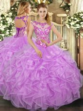 Lilac Cap Sleeves Floor Length Beading and Appliques and Ruffles Lace Up 15 Quinceanera Dress