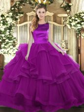 Sexy Floor Length Lace Up Sweet 16 Dress Purple for Military Ball and Sweet 16 and Quinceanera with Ruffles