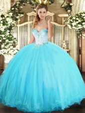 Aqua Blue Tulle Lace Up Sweetheart Sleeveless Floor Length Sweet 16 Dresses Beading