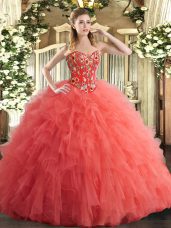 Artistic Ball Gowns Sweet 16 Quinceanera Dress Watermelon Red Sweetheart Tulle Sleeveless Floor Length Lace Up