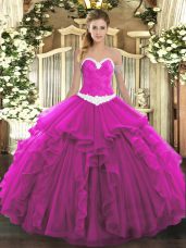 Charming Sweetheart Sleeveless Organza 15 Quinceanera Dress Appliques and Ruffles Lace Up