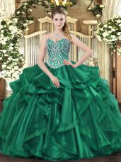 Sweetheart Sleeveless Quinceanera Dresses Floor Length Beading and Ruffles Dark Green Organza