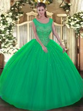 Romantic Green Ball Gowns Scoop Sleeveless Tulle Floor Length Backless Beading Quince Ball Gowns