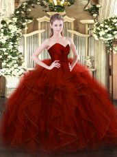 Unique Sweetheart Sleeveless Quince Ball Gowns Floor Length Ruffles Wine Red Tulle