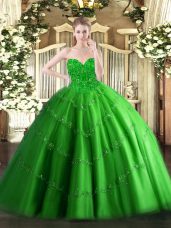 High Class Floor Length Green Sweet 16 Dress Tulle Sleeveless Appliques