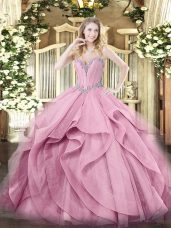 Pink Sleeveless Beading and Ruffles Floor Length Quinceanera Gowns