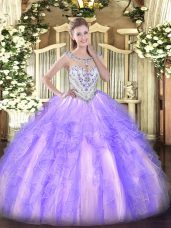 Sexy Lavender Tulle Zipper Quinceanera Dresses Sleeveless Floor Length Beading and Ruffles