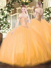 Nice Orange Tulle Lace Up Vestidos de Quinceanera Sleeveless Floor Length Beading