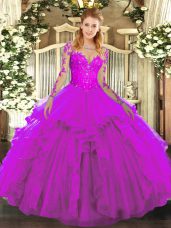 Modern Fuchsia Lace Up Scoop Lace and Ruffles Ball Gown Prom Dress Tulle Long Sleeves