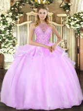 Organza Halter Top Sleeveless Lace Up Beading Sweet 16 Quinceanera Dress in Lilac