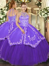 Custom Made Purple Lace Up Halter Top Beading and Embroidery 15th Birthday Dress Satin and Tulle Sleeveless