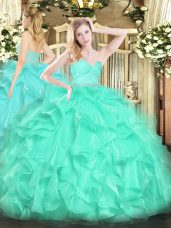 Trendy Turquoise Sleeveless Floor Length Beading and Lace and Ruffles Zipper 15th Birthday Dress
