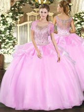 Perfect Sleeveless Tulle Floor Length Clasp Handle Quince Ball Gowns in Baby Pink with Beading and Ruffles