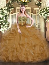 Brown Lace Up Quinceanera Dress Beading and Ruffles Sleeveless Floor Length