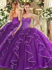 Free and Easy Purple Lace Up Sweetheart Beading and Ruffles Quinceanera Dresses Tulle Sleeveless