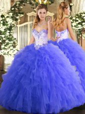 Decent Tulle Sweetheart Sleeveless Lace Up Beading and Ruffles Sweet 16 Dresses in Blue