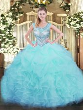 Aqua Blue Sleeveless Floor Length Beading and Ruffles and Pick Ups Lace Up Ball Gown Prom Dress