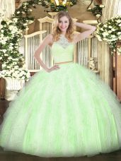 Yellow Green Zipper 15 Quinceanera Dress Lace and Ruffles Sleeveless Floor Length