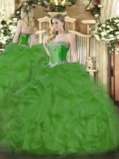 Organza Sweetheart Sleeveless Lace Up Beading and Ruffles Sweet 16 Dresses in Green