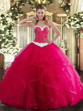 High End Sleeveless Floor Length Appliques and Ruffles Lace Up Sweet 16 Quinceanera Dress with Hot Pink