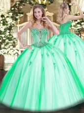 Spectacular Floor Length Lace Up Quinceanera Dress Apple Green for Sweet 16 and Quinceanera with Beading and Appliques